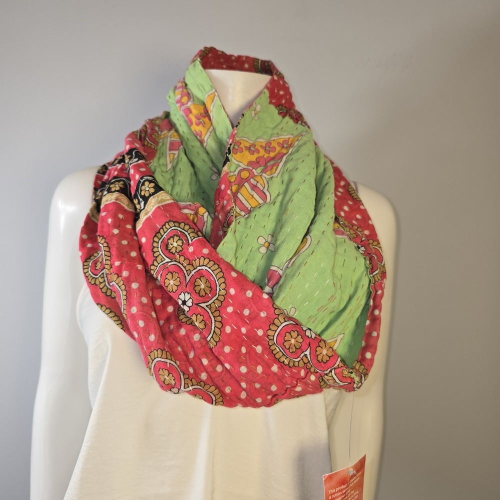 Asha Project Kantha Infinity Scarf Reversible Pink Green Bohemian Hippie NWT